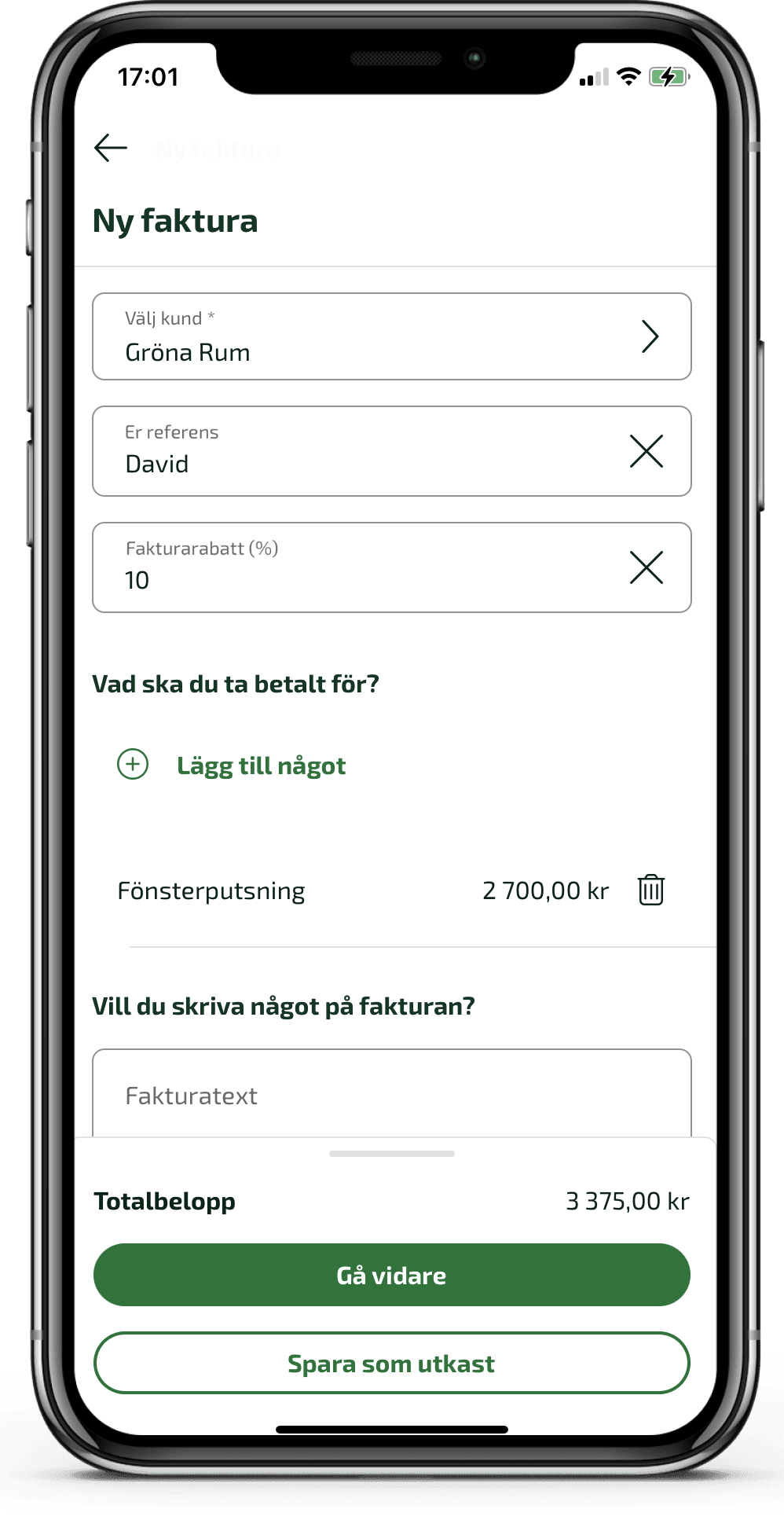 Välj Gå vidare för att se en sammanställning av kundfakturan.