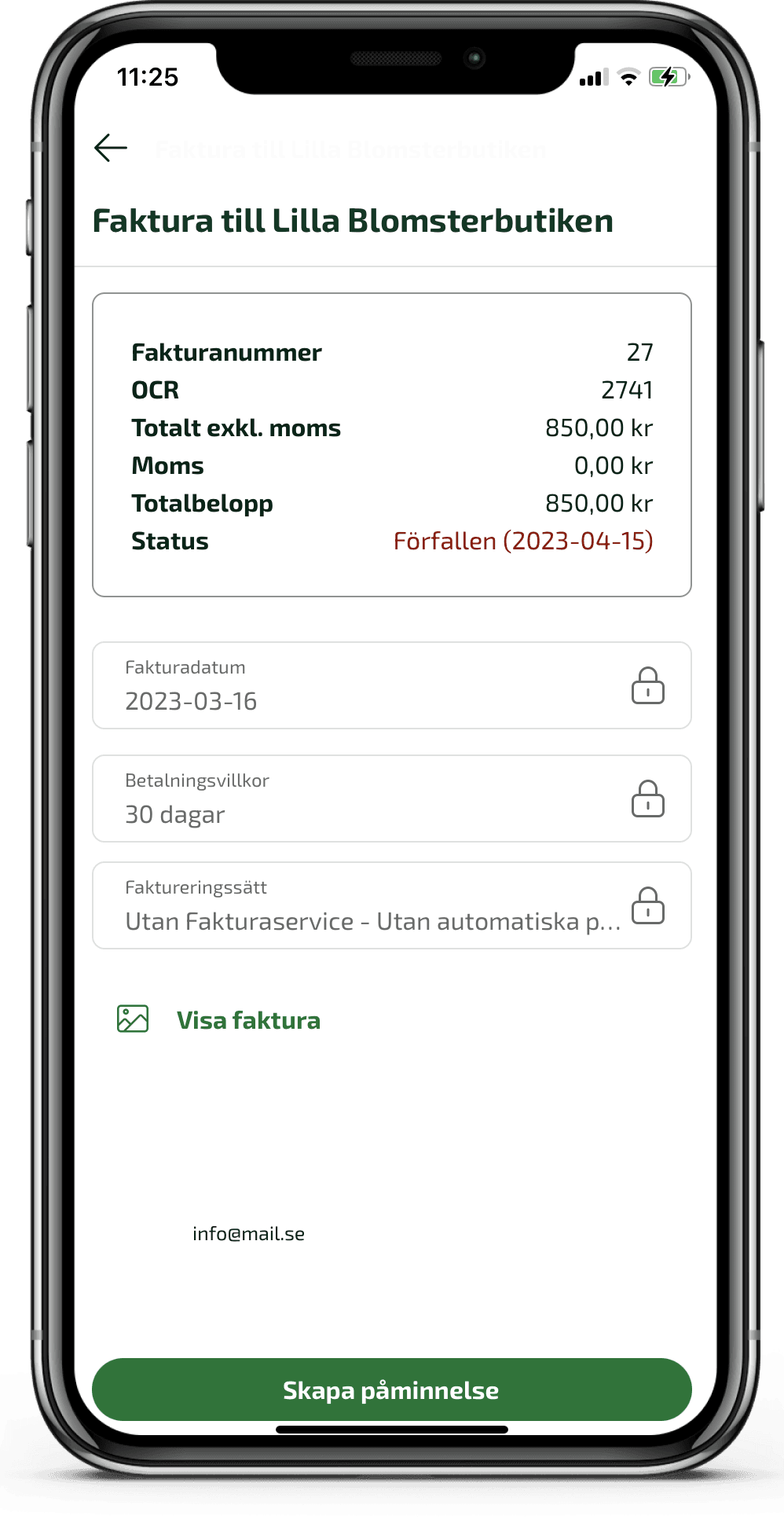 På förfallna kundfakturor kan du trycka på knappen Skapa påminnelse.