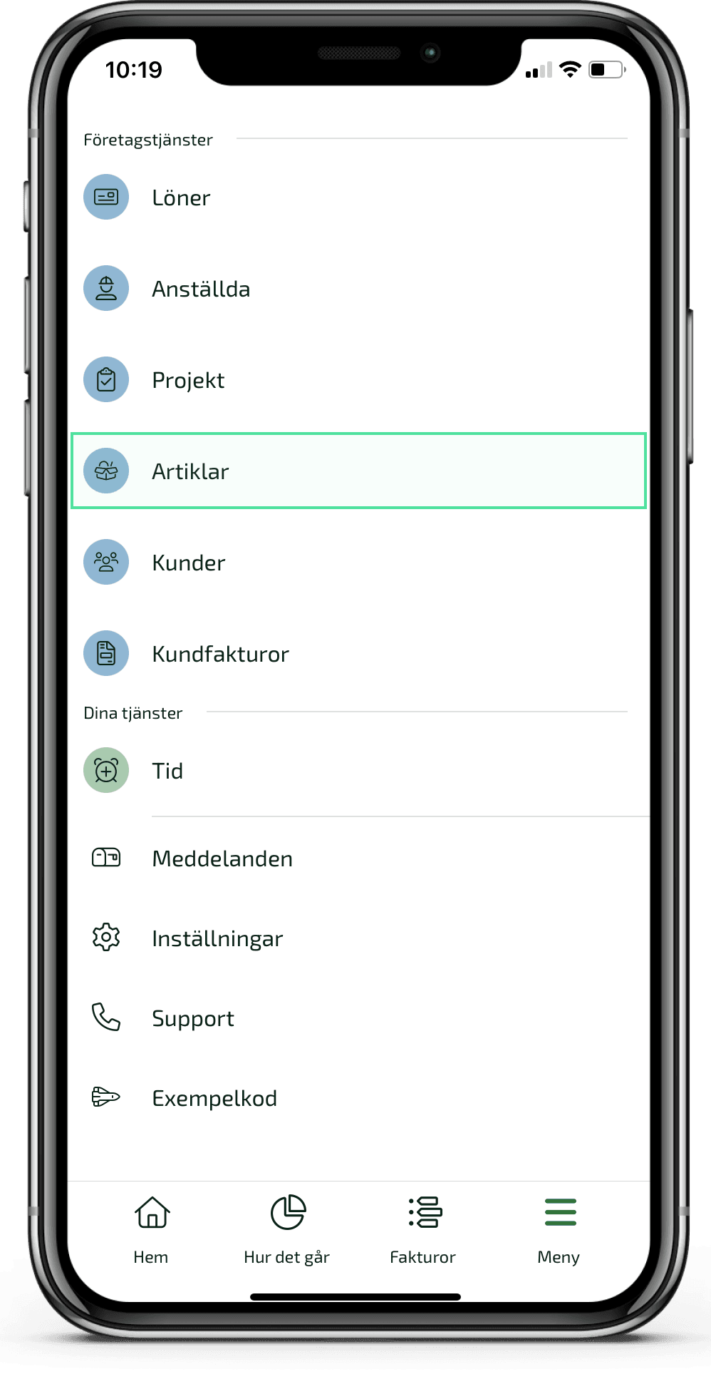 Välj Artiklar i menyn, så kommer du till ditt artikelregister.