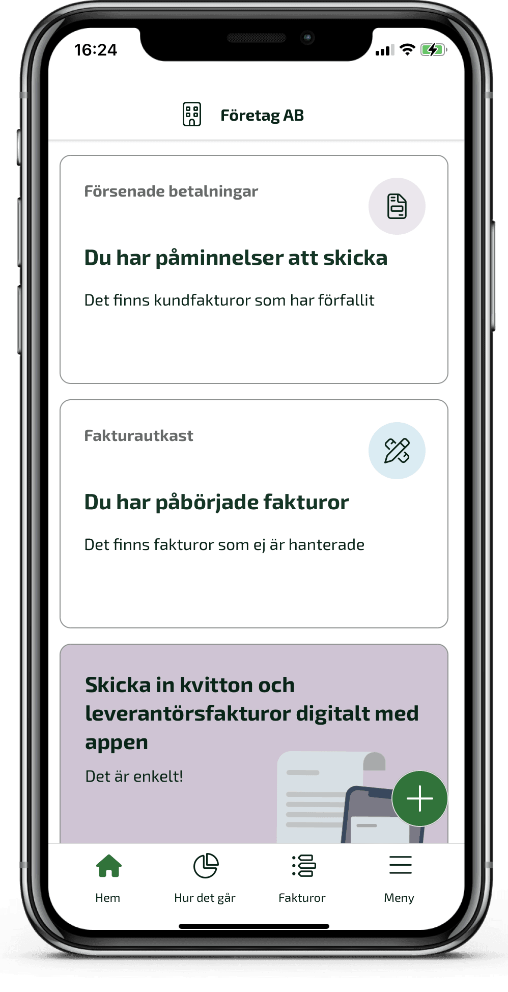 Klicka på det gröna plustecknet och välj Skapa ny Faktura.