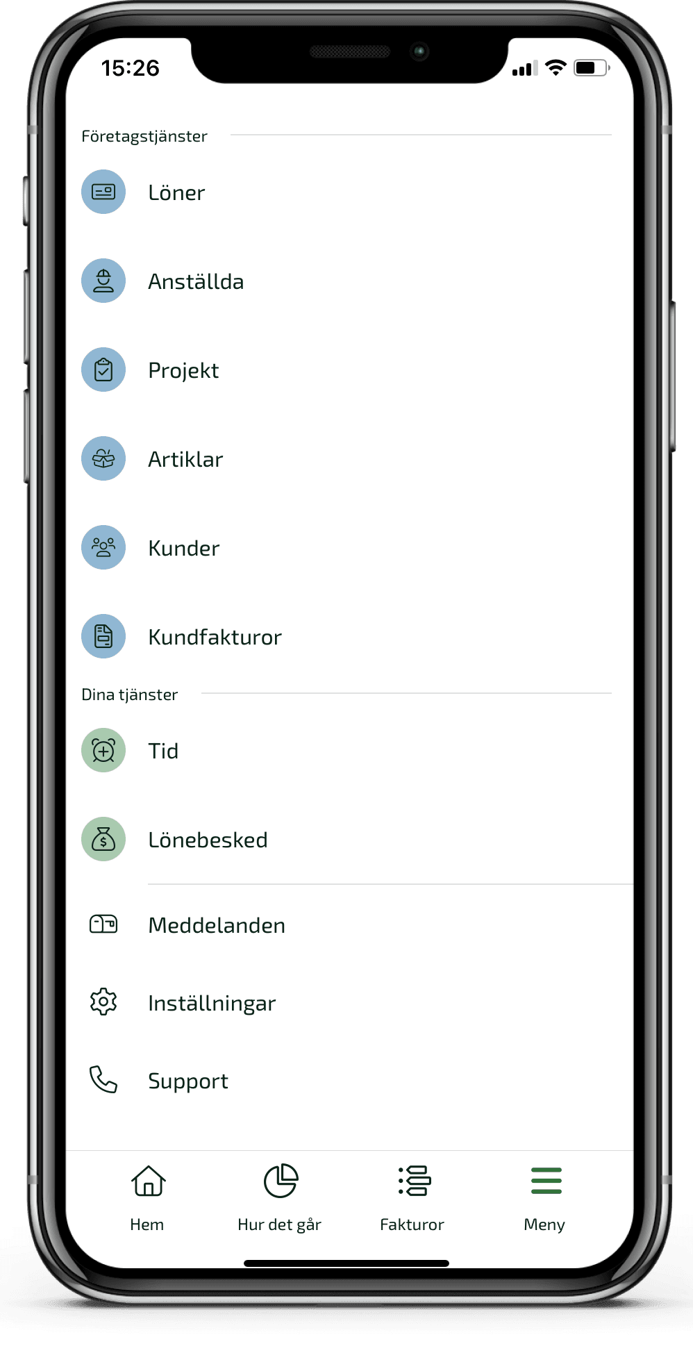 Du kommer till listan för kundfakturor i appen genom att välja Kundfakturor i menyn.