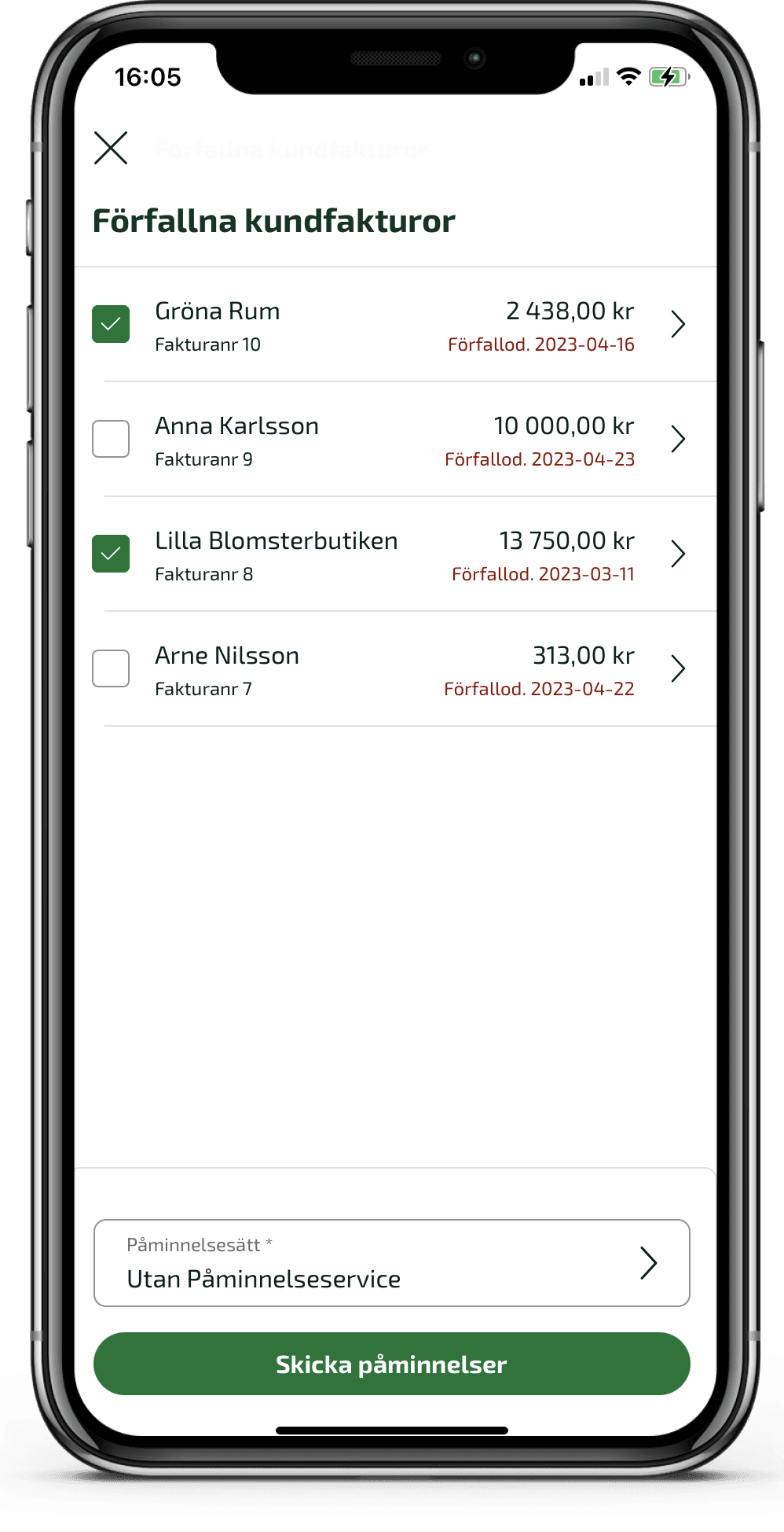 Välj vilken/vilka påminnelser du vill skicka genom att markera dem i listan.