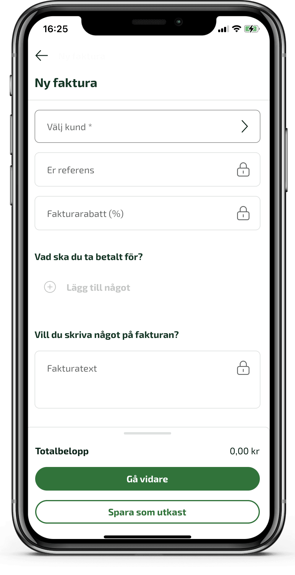 Det är möjligt att lägga till Er referens och Fakturarabatt.