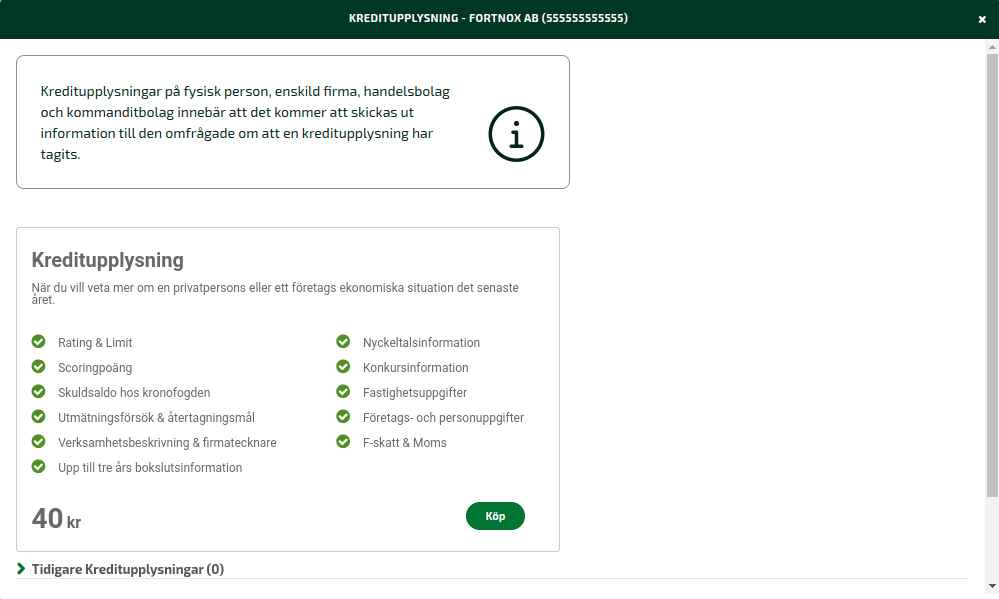 Klicka på Köp för att ta en kreditupplysning.